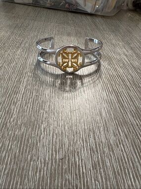 Rustic Cuff Silver and Gold Open Cuff Bracelet with Medallion